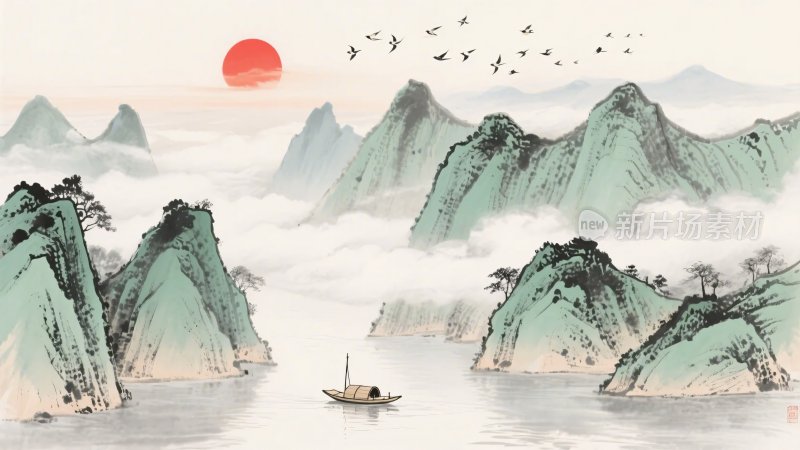 中式山水日出景象