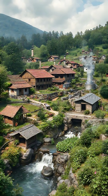 山间小溪旁的宁静村落