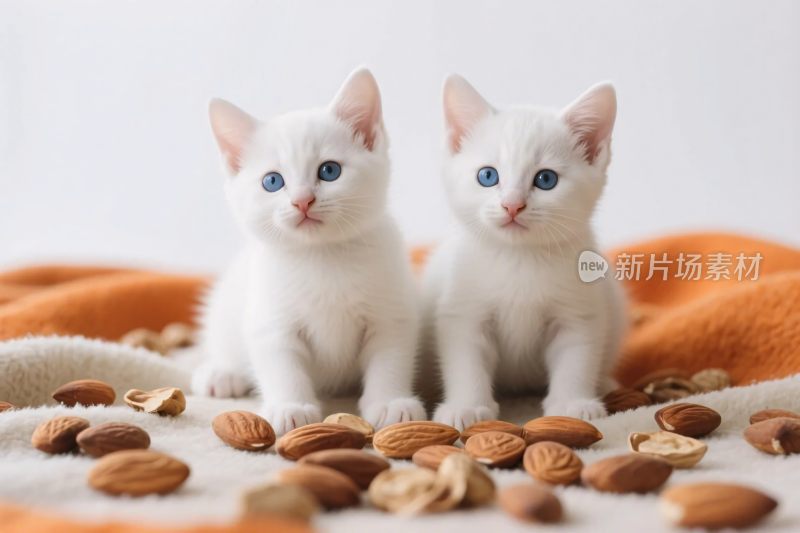 两只可爱的小白猫与坚果