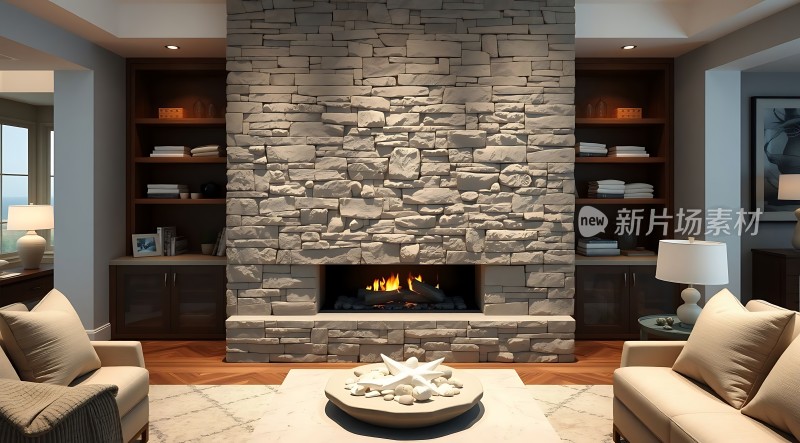 现代客厅石壁炉温馨家居场景