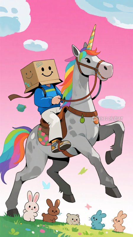 卡通人物骑独角兽欢乐场景