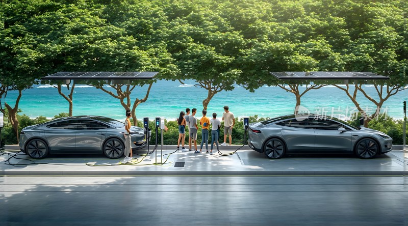 新能源车充电站 海边休闲时光