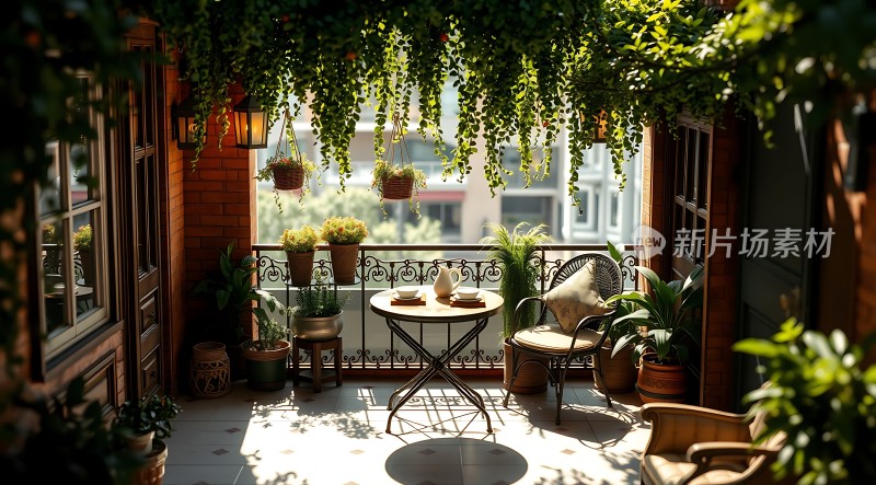 阳光午后绿意盎然的小阳台休闲时光