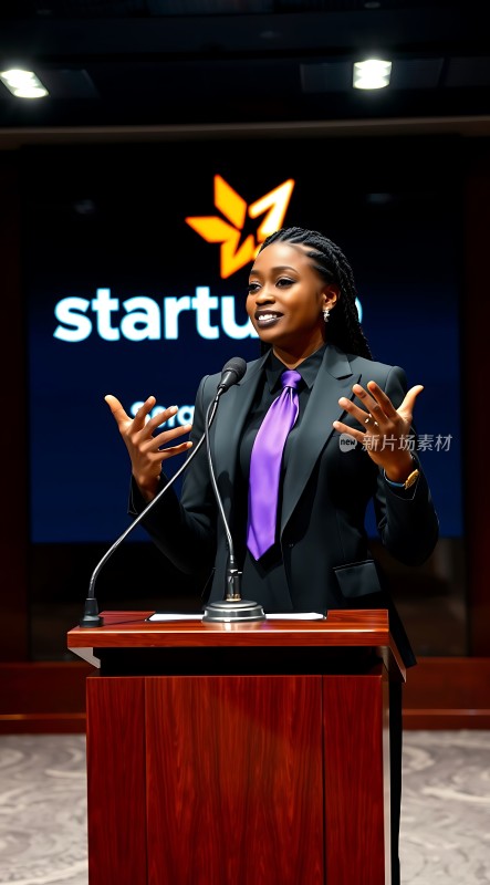 女性演讲者站在讲台前背景屏幕上显示“startu”字样