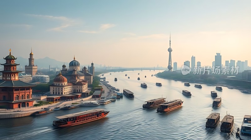 东方明珠旁的河岸风光