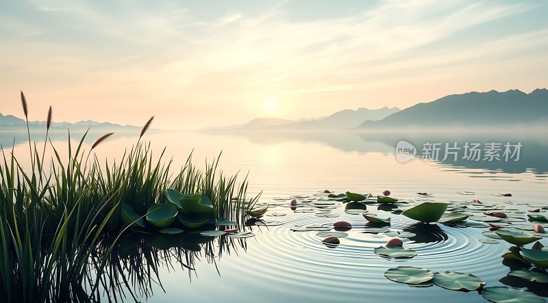 湖畔晨光映翠波