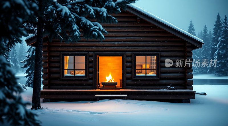 雪夜小木屋温馨火光