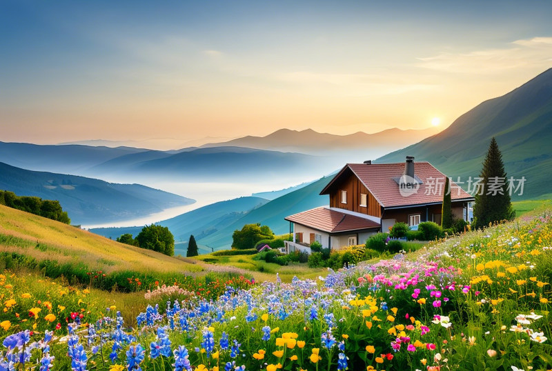 乡村房屋自然风景花朵