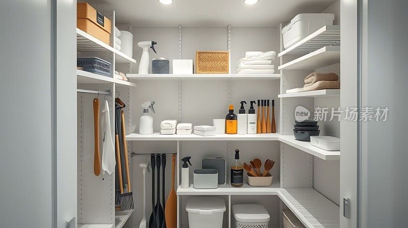 整洁有序的储物间展示生活用品和清洁工具