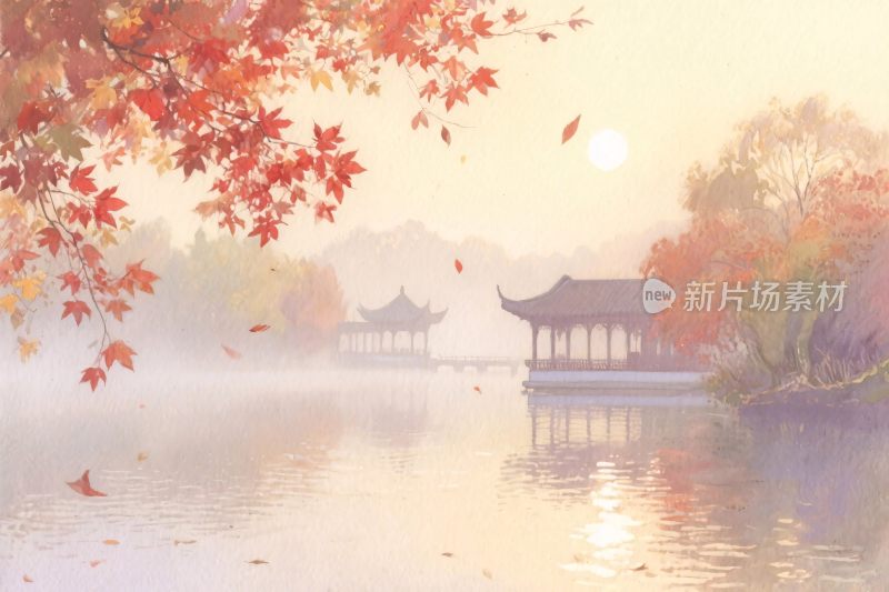 古亭秋景风景插画