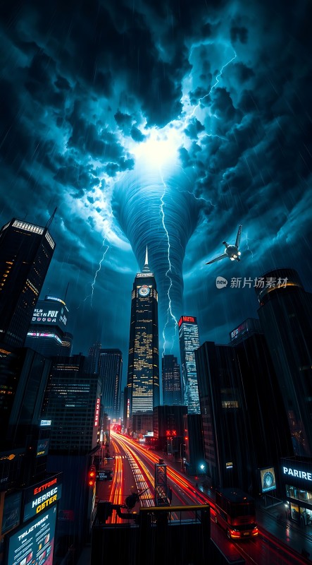 城市风暴闪电与龙卷风之夜