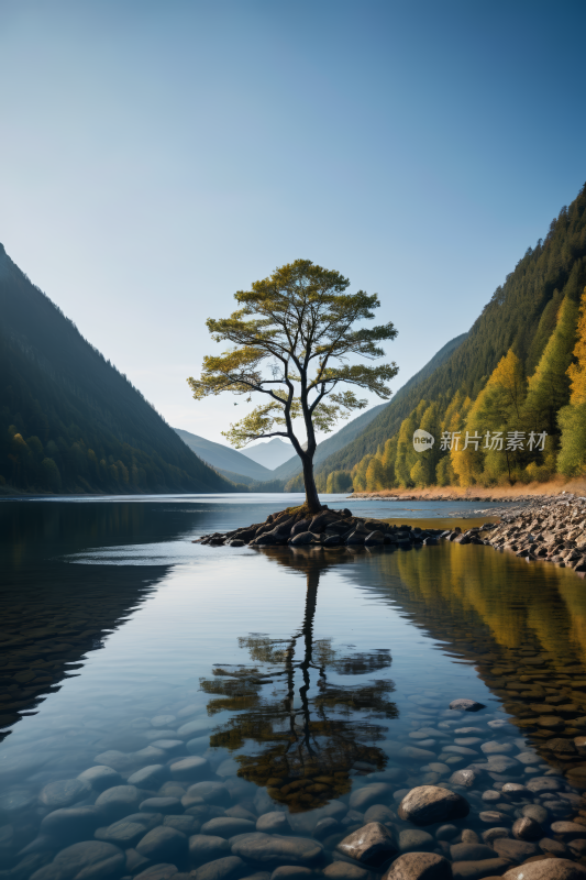 湖中央的一块岩石上着一棵孤树高清风景图片