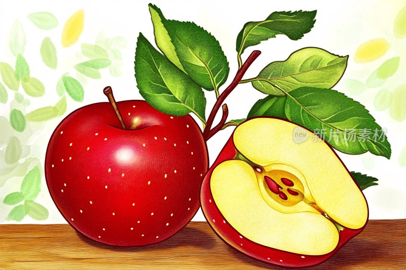 插画风格的红苹果与绿叶
