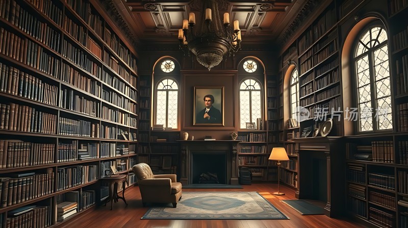 古色古香的书房书架、壁炉和油画