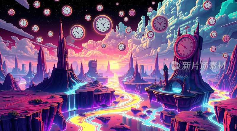 时空幻境漂浮时钟与奇幻建筑