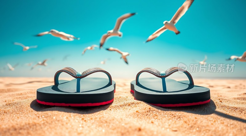 夏日海滩拖鞋与飞翔的海鸥