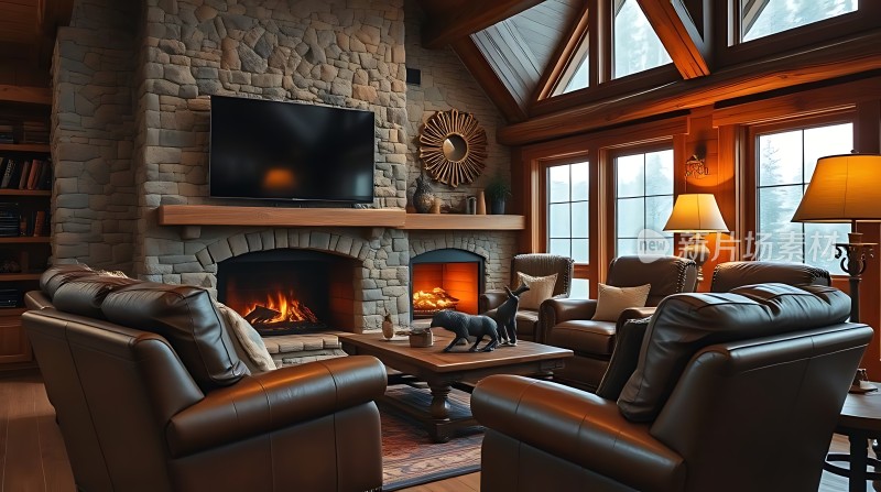 温馨客厅石壁炉与舒适沙发营造温暖氛围