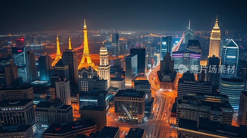 上海夜景璀璨摩天大楼与标志性建筑相映成辉