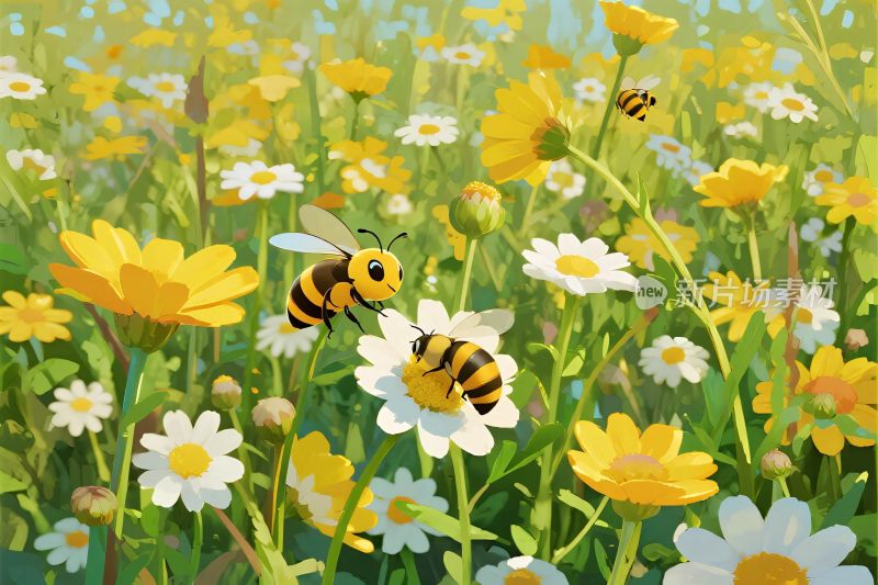 蜜蜂花丛插画