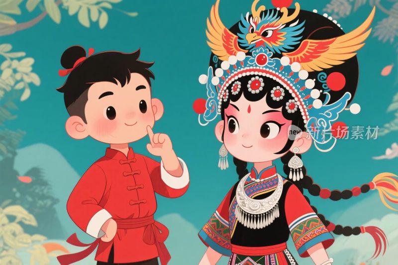 传统服饰卡通人物插画