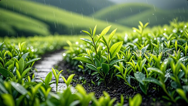 茶园小路绿色植物茶叶种植农业茶田背景素材