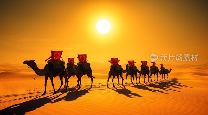 驼队沙漠日落