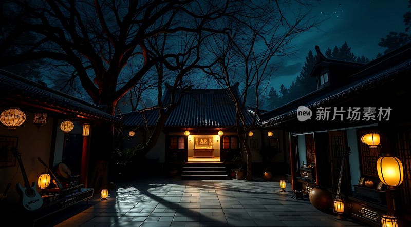 古风庭院夜色灯笼映照