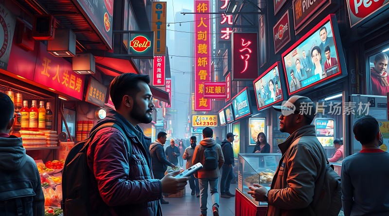 繁华夜市霓虹闪烁热闹非凡