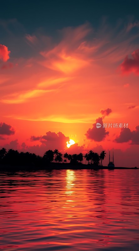 日落椰林映红海
