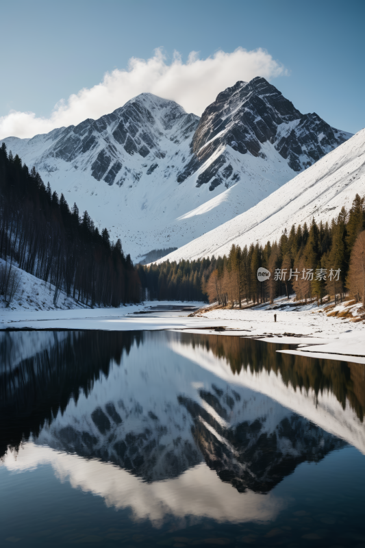 山倒映在雪中的湖水中高清风景图片