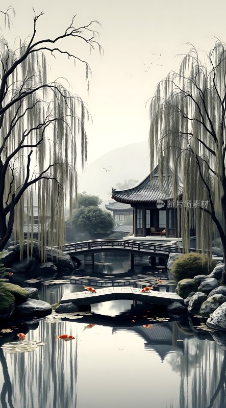 古桥柳影映水阁