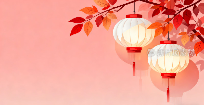 扁平风格简约灯笼植物插画背景壁纸