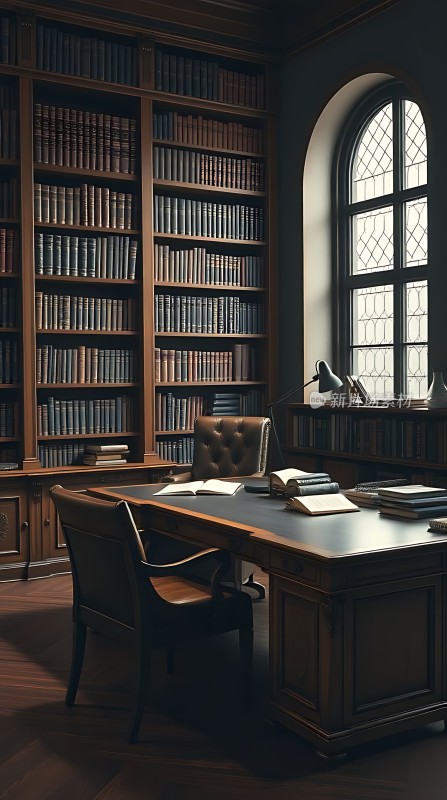 书房一角书架、桌椅与窗户构成宁静阅读空间