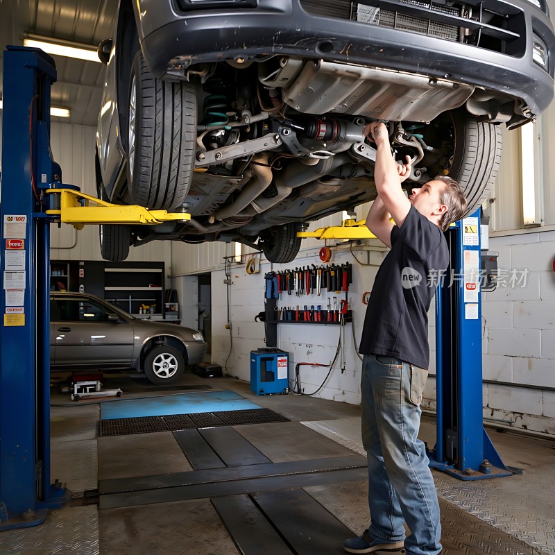 维修工人在车间内检查汽车底盘