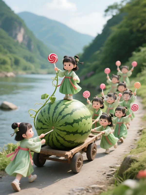 小女孩推着西瓜车手持棒棒糖背景是山川河流