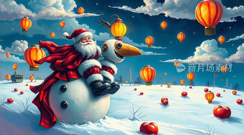 圣诞老人雪人热气球雪夜