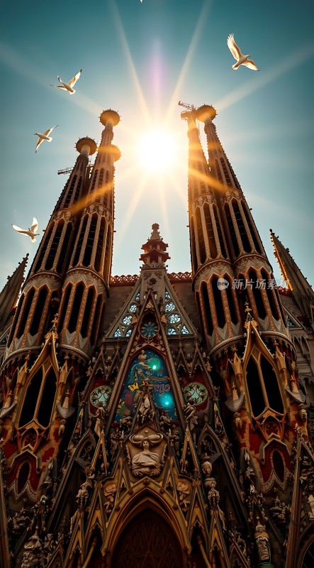 阳光下的教堂与飞翔的白鸽
