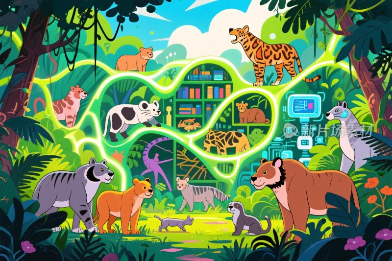 森林中的动物与设施插画