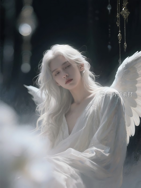 白色天使在梦幻般的背景中展现优雅姿态