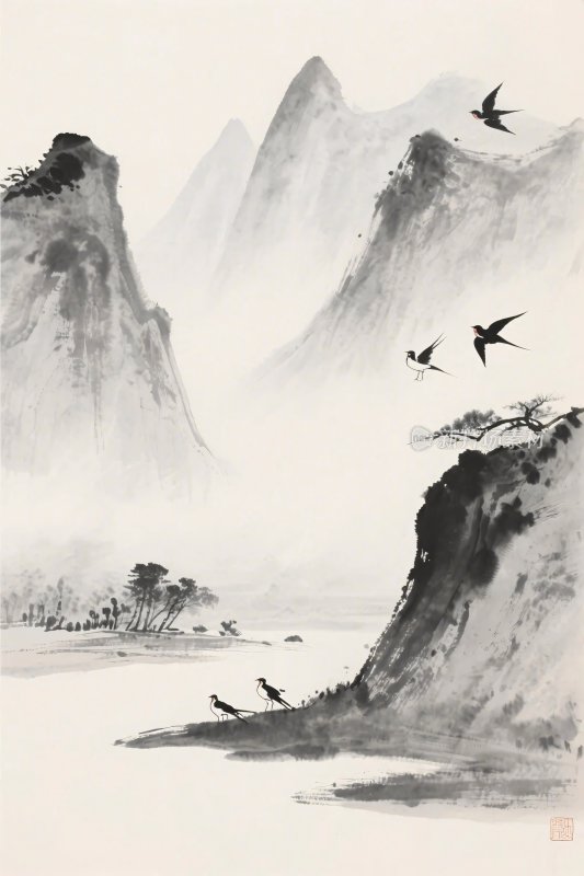 水墨山水飞鸟图