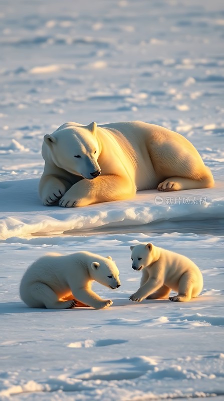 北极熊一家在雪地中嬉戏