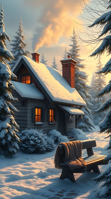 雪夜小木屋温馨宁静