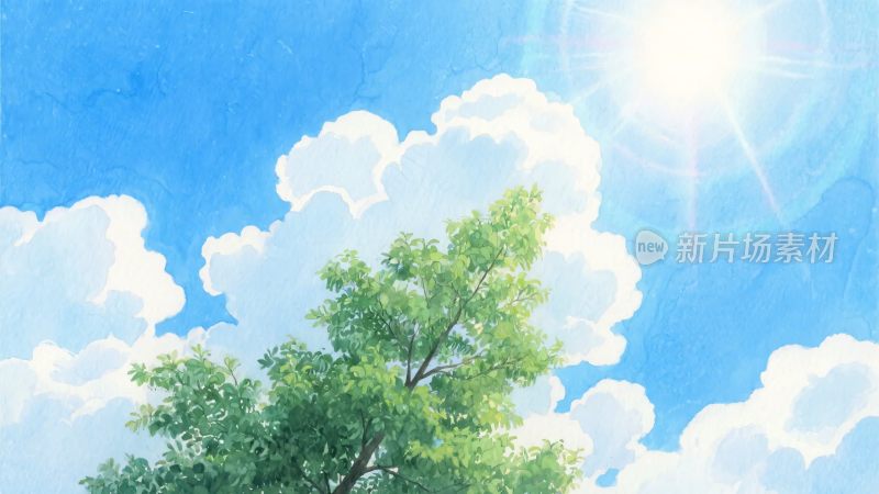 蓝天白云下的翠绿树木