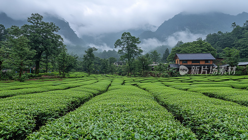 翠绿茶园与山间小屋