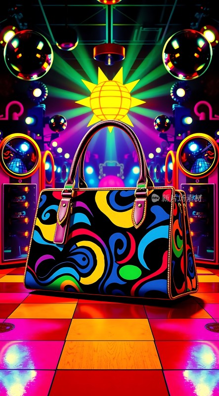 霓虹灯下的多彩手提包
