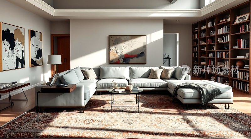 现代客厅设计简约风格沙发与艺术装饰画