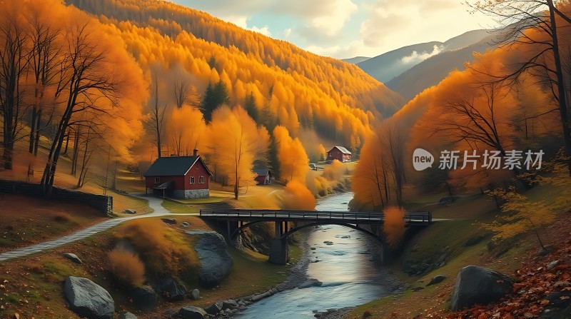 秋日暖阳下的宁静山谷小溪