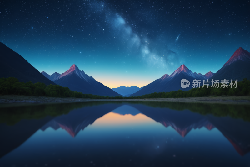 夜晚群山倒映在湖中天空如星高清背景图片