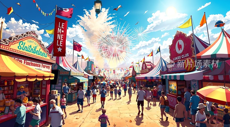 游乐场狂欢节色彩斑斓的帐篷、热闹的人群和绚烂的烟花