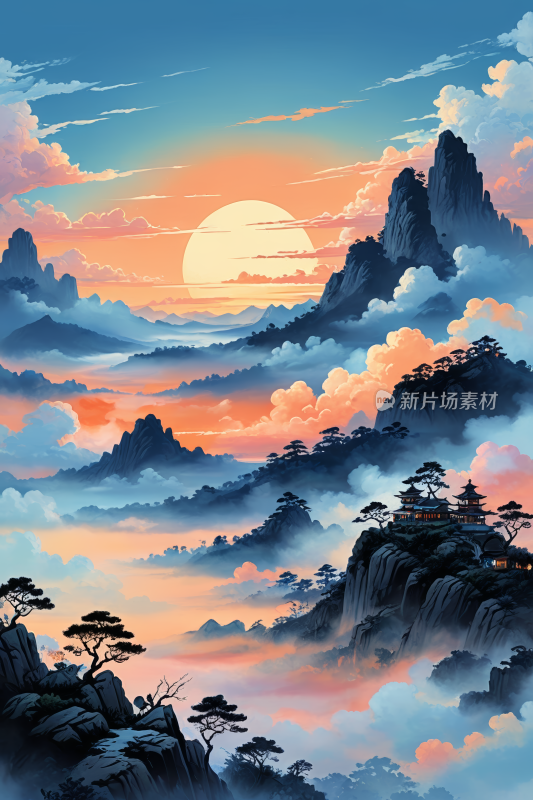 一道山云的风景高清插画图片